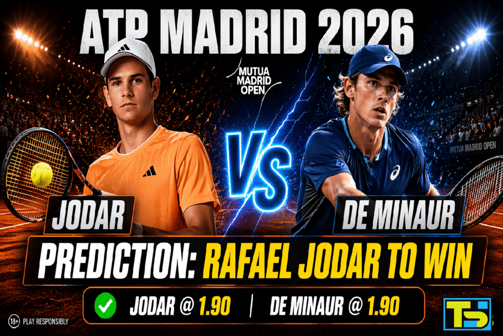 ATP Madrid 2026 prediction graphic featuring Rafael Jodar vs Alex de Minaur with a winning tip for Jodar