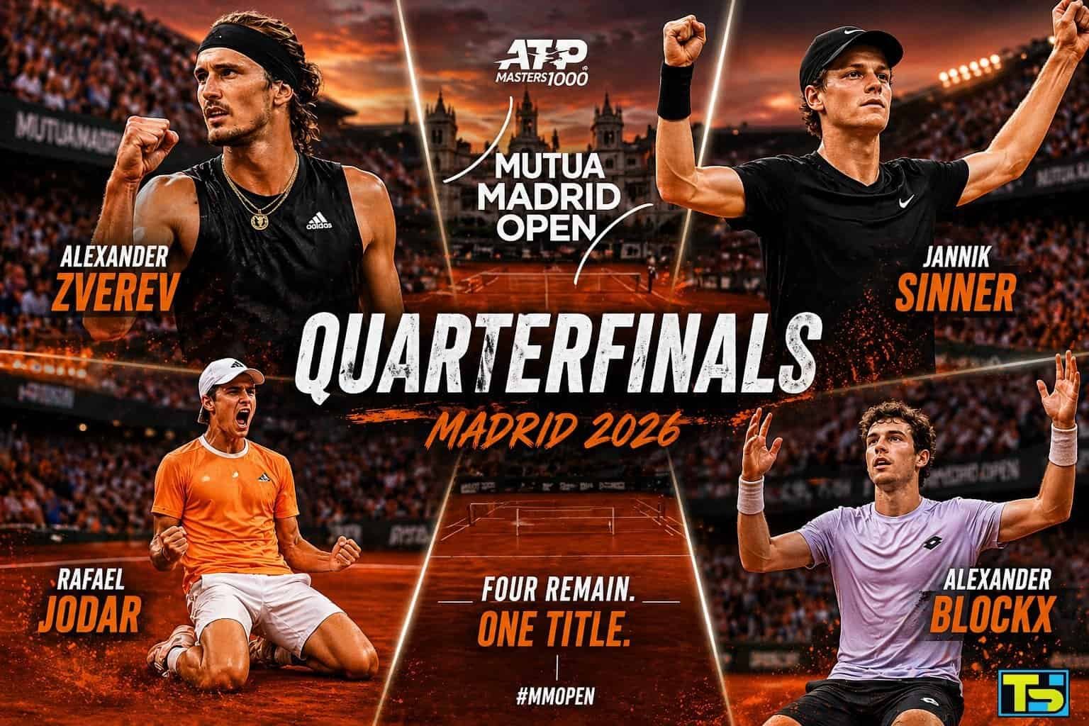 Affiche promotionnelle pour les quarts de finale du Masters 1000 de Madrid 2026 mettant en vedette les joueurs de tennis Alexander Zverev, Jannik Sinner, Rafael Jodar et Alexander Blockx sur fond de court en terre battue.