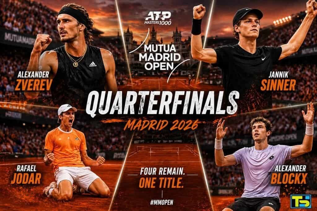 Promotional graphic for the ATP Madrid Masters 2026 Quarterfinals featuring tennis players Alexander Zverev, Jannik Sinner, Rafael Jodar, and Alexander Blockx on a clay court background.