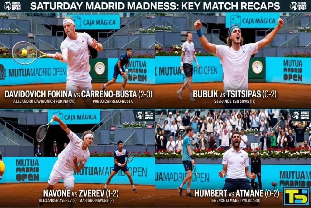Illustration dynamique des joueurs de tennis Alexander Zverev et Stefanos Tsitsipas en action à l'Open de Madrid 2026 sur terre battue.