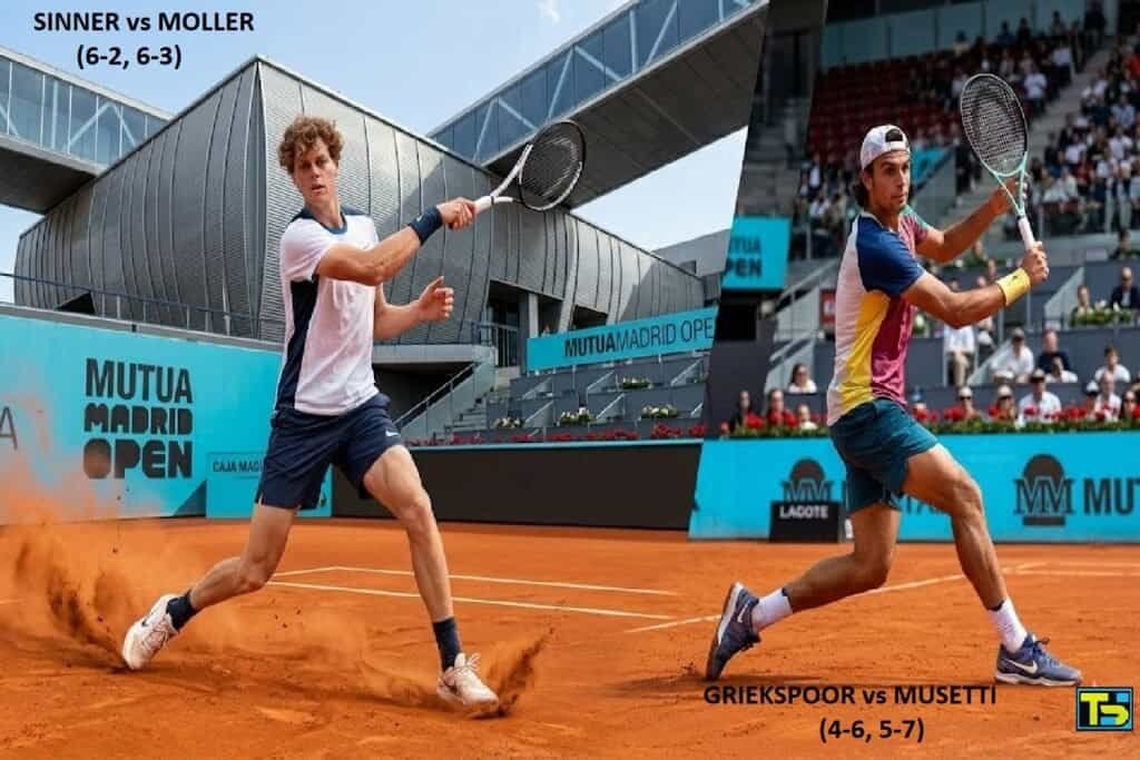 Action illustration of Jannik Sinner hitting a forehand on red clay at the Madrid Open 2026.