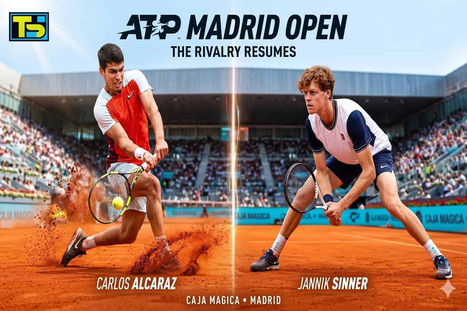 Un póster deportivo dinámico para el ATP Madrid Open sobre tierra batida. La imagen está dividida: a la izquierda, Carlos Alcaraz golpea una derecha potente y agresiva, levantando polvo de tierra batida roja, mientras que a la derecha, Jannik Sinner está en una posición de espera baja y concentrada. La arquitectura borrosa e icónica del estadio Caja Mágica bajo el sol brillante es visible al fondo.