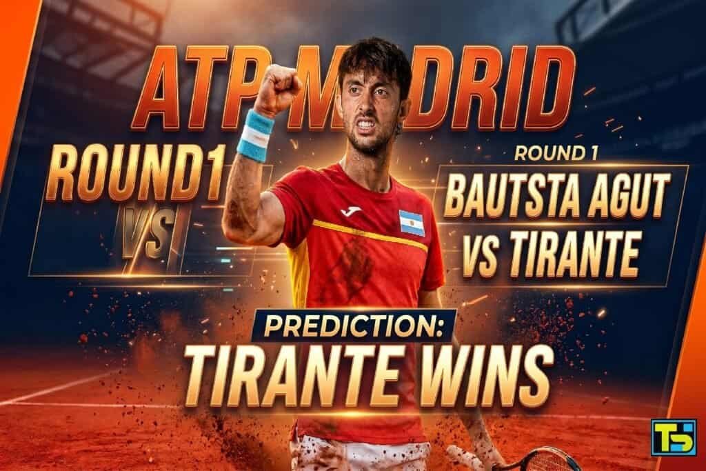 A cinematic sports broadcast graphic for the ATP Madrid Open, Round 1 match. The poster features a triumphant, roaring youthful Argentine tennis player (Thiago Agustin Tirante) in the center with a raised fist, on a dynamic red clay court under intense, dramatic studio floodlights. Glowing typography displays "ATP MADRID", "ROUND 1", matchup details with player country icons, and most prominently, "PREDICTION: TIRANTE WINS". Sweat and clay dust effects are ultra-detailed.