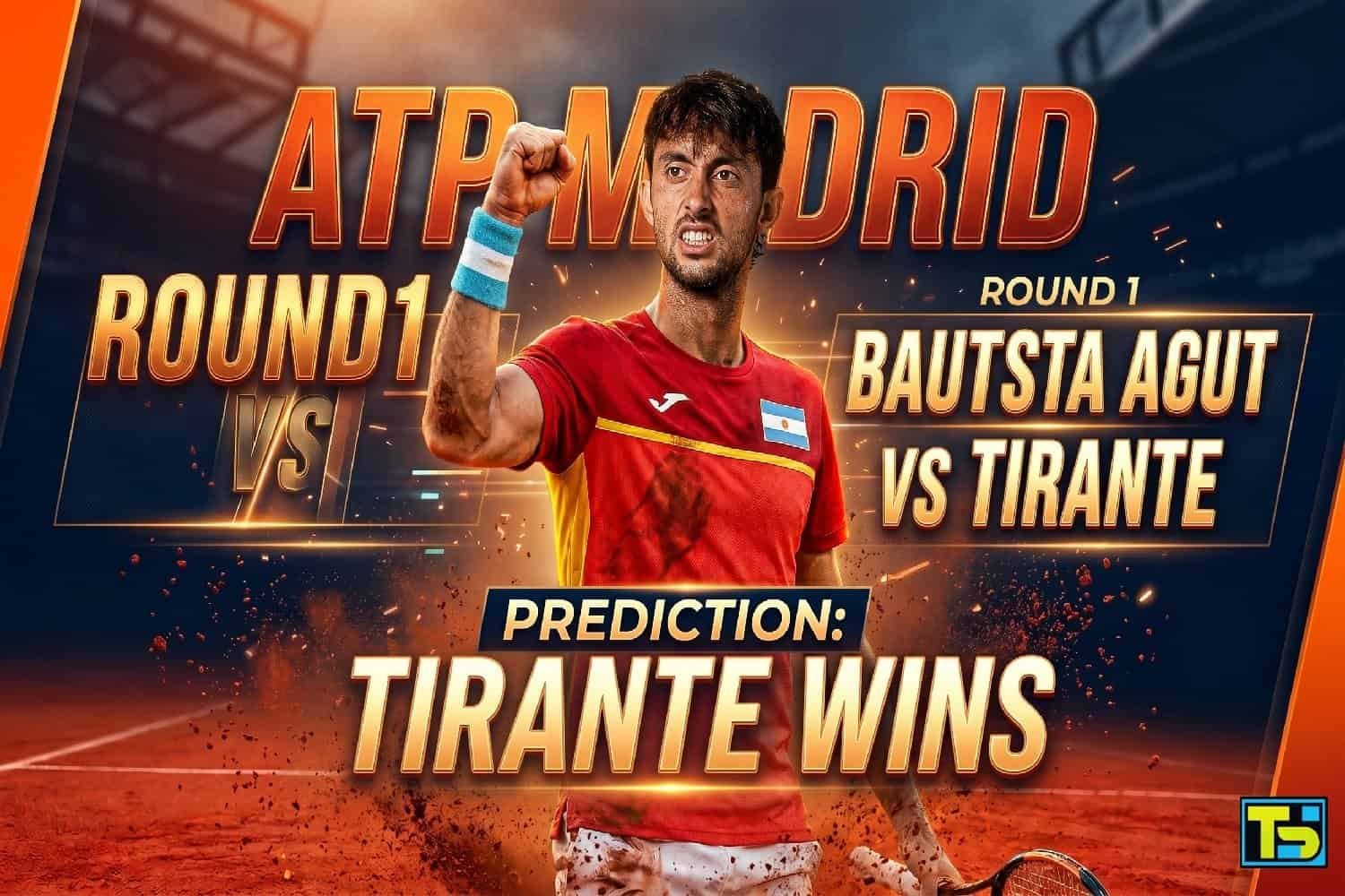 A cinematic sports broadcast graphic for the ATP Madrid Open, Round 1 match. The poster features a triumphant, roaring youthful Argentine tennis player (Thiago Agustin Tirante) in the center with a raised fist, on a dynamic red clay court under intense, dramatic studio floodlights. Glowing typography displays "ATP MADRID", "ROUND 1", matchup details with player country icons, and most prominently, "PREDICTION: TIRANTE WINS". Sweat and clay dust effects are ultra-detailed.