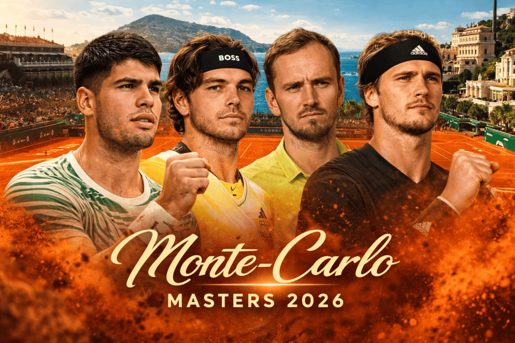 Affiche promotionnelle pour l'ATP Masters de Monte-Carlo 2026 avec les joueurs de tennis Carlos Alcaraz, Taylor Fritz, Daniil Medvedev et Alexander Zverev