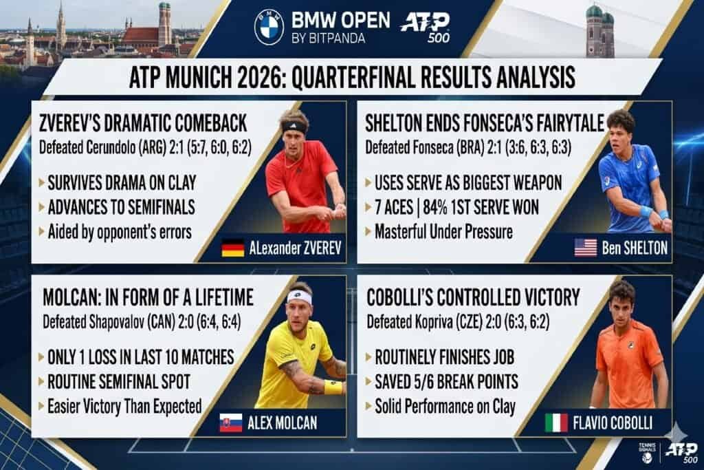 Análisis de los cuartos de final del ATP Múnich 2026: Zverev, Shelton, Molcan y Cobolli avanzan a semifinales.