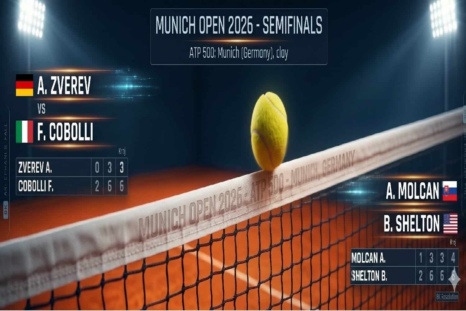 A digital scoreboard displaying the ATP tournament semifinal results from Munich (Germany) on clay. The scores show victories for F. Cobolli over A. Zverev and B. Shelton over A. Molcan, both matches ending 2:0 in sets. The background is dark with gold accents.