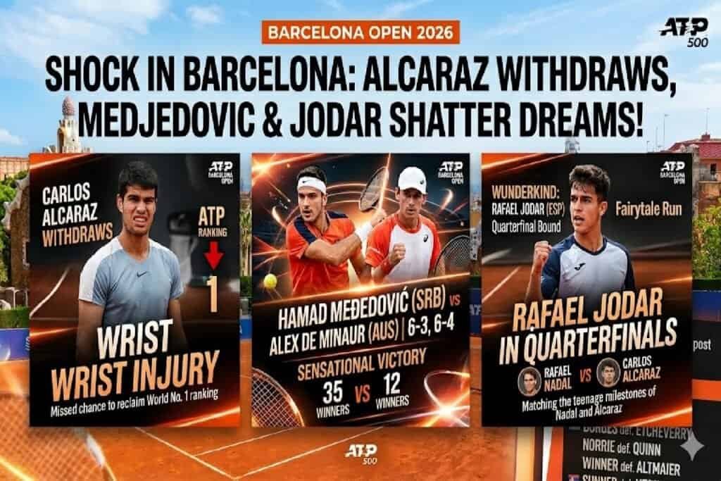 Gráfico que muestra a Carlos Alcaraz retirándose por lesión, a Hamad Medjedovic derrotando a Alex de Minaur y al joven Rafael Jodar llegando a los cuartos de final del Barcelona Open 2026.