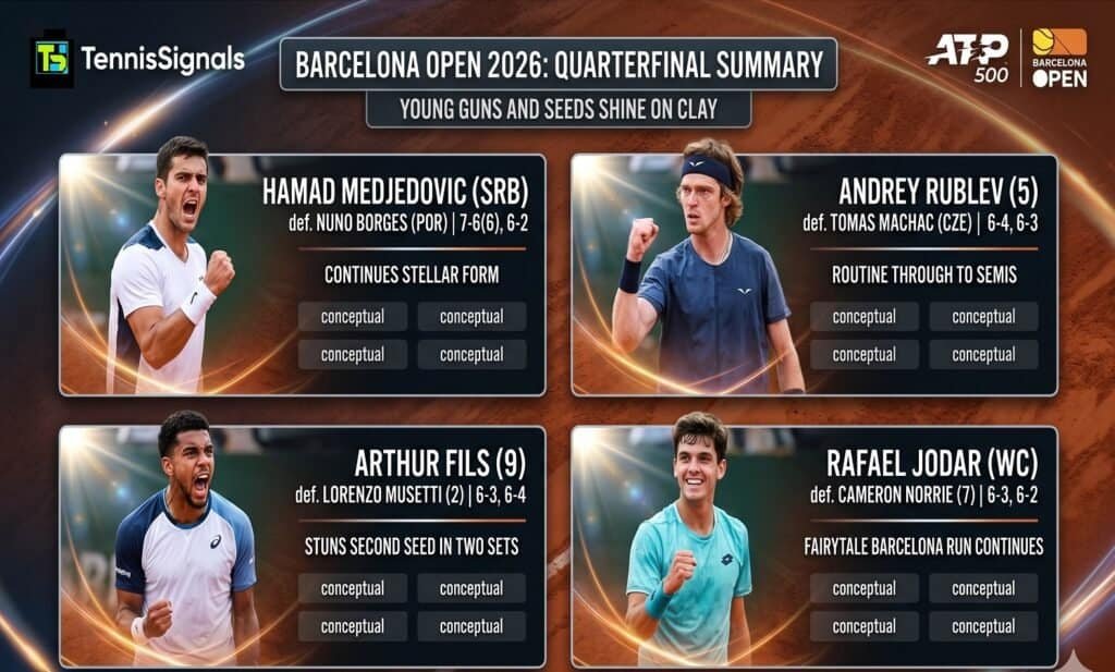 Graphique montrant les vainqueurs des quarts de finale de l'Open de Barcelone 2026 : Hamad Medjedovic, Andrey Rublev, Arthur Fils et Rafael Jodar.