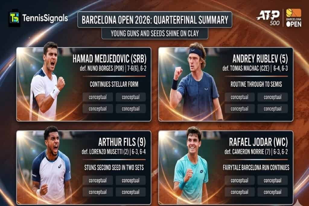 Gráfico que muestra a los ganadores de los cuartos de final del Barcelona Open 2026: Hamad Medjedovic, Andrey Rublev, Arthur Fils y Rafael Jodar.