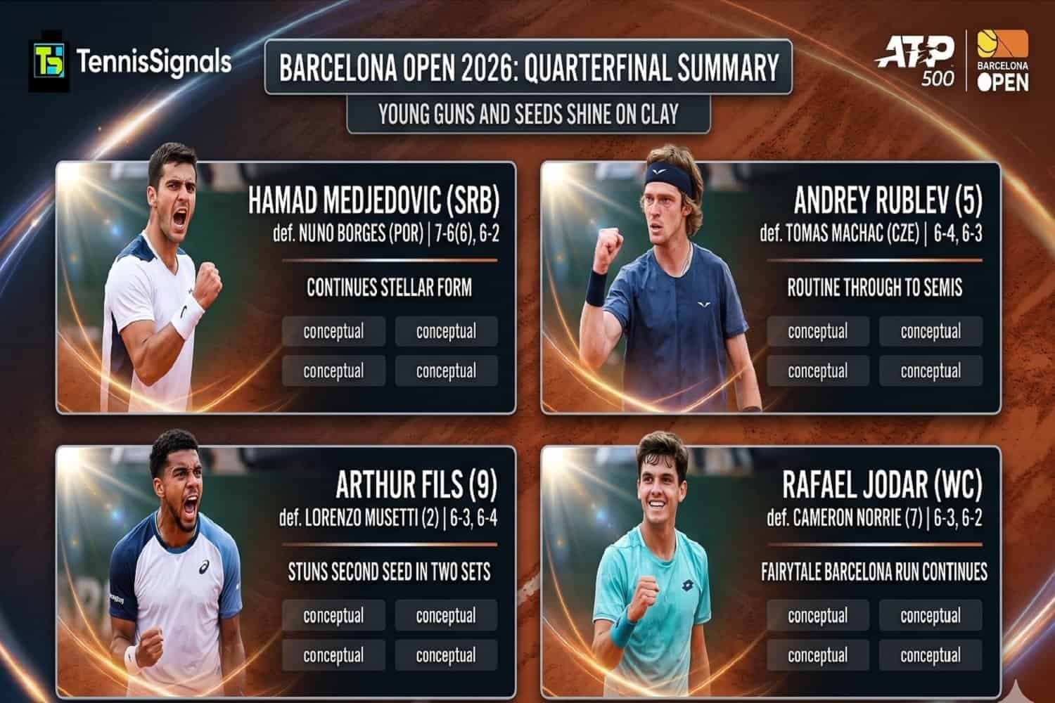 Gráfico que muestra a los ganadores de los cuartos de final del Barcelona Open 2026: Hamad Medjedovic, Andrey Rublev, Arthur Fils y Rafael Jodar.