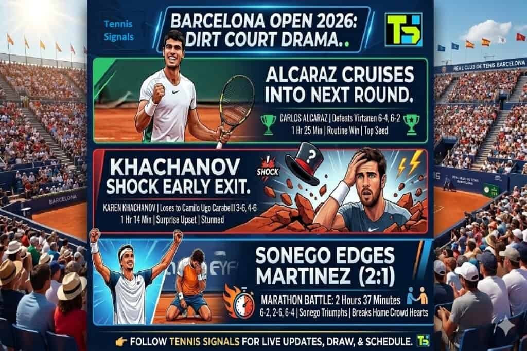 Infographic of Barcelona Open 2026 tennis results showing Carlos Alcaraz winning, Karen Khachanov upset loss, and Lorenzo Sonego defeating Pedro Martinez.