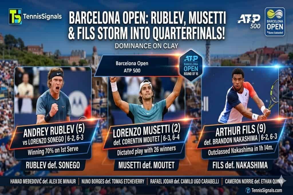 Graphique montrant les joueurs de tennis Andrey Rublev, Lorenzo Musetti et Arthur Fils après leurs victoires en huitièmes de finale de l'Open de Barcelone 2026.