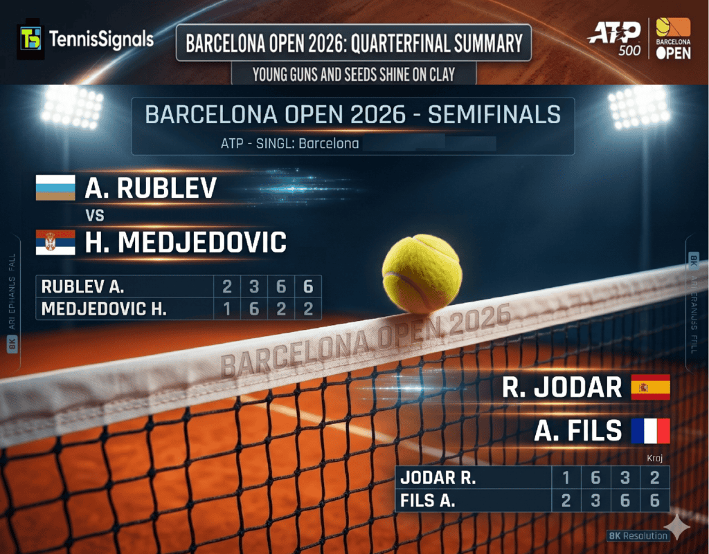 A digital scoreboard showing the men's singles semifinal results for the 2026 Barcelona Open tennis tournament, overlaid on a background of a red clay court and a tennis net with a ball. The scores show victories for A. Rublev over H. Medjedovic and A. Fils over R. Jodar.