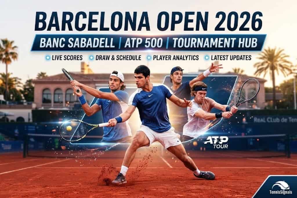 Dynamic featured image graphic for the Barcelona Open 2026 tournament hub on TennisSignals. Features powerful action shots of Carlos Alcaraz, Lorenzo Musetti, and Andrey Rublev. Displays major graphic text: 'BARCELONA OPEN 2026', 'BANC SABADELL | ATP 500 | TOURNAMENT HUB'. Includes functional icons for Live Scores, Draw, Schedule. Background features Real Club de Tenis Barcelona.