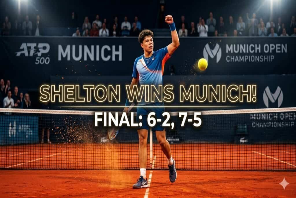 Le joueur de tennis Ben Shelton célèbre sa victoire sur un court en terre battue à Munich, le poing levé. Un grand texte doré indique "SHELTON WINS MUNICH!" et le score final "6-2, 7-5" est affiché. L'arrière-plan montre le filet et le public sous les projecteurs du stade.