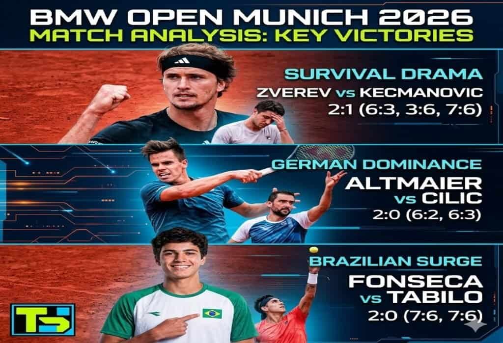 Analyse des matchs clés de l'ATP Munich 2026 : Zverev, Altmaier et Fonseca sur terre battue.
