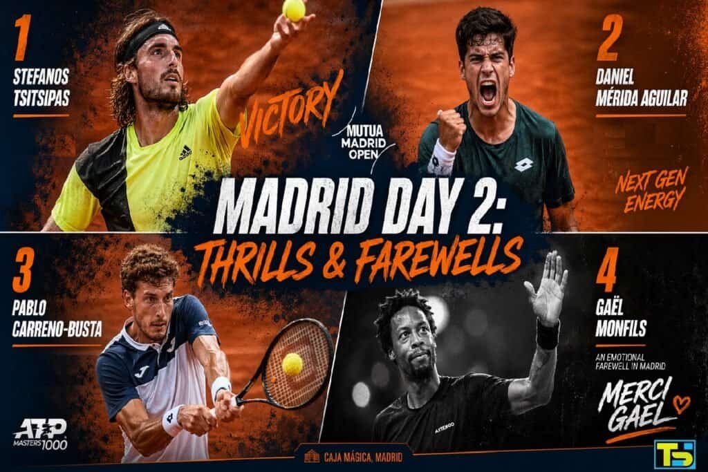 Moments forts du jour 2 du Madrid Open : victoire de Tsitsipas, célébration de Merida, revers de Carreno-Busta et hommage à Monfils