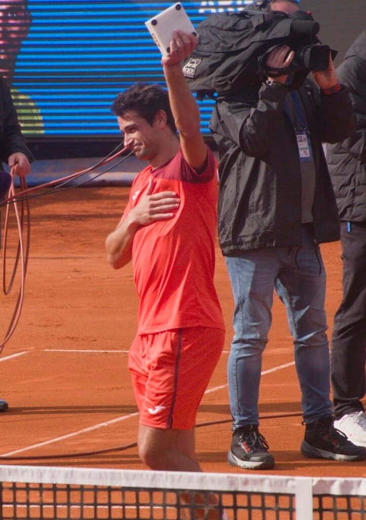 Argentine tennis player Mariano Navone celebrating his semifinal win against Botic van de Zandschulp in Bucharest 2026