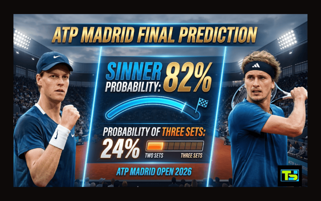 A professional sports prediction graphic for the ATP Madrid 2026 final between Jannik Sinner and Alexander Zverev. The graphic features a high-tech interface with data overlays, showing a probability of Sinner winning at 82% and the probability of the match going to three sets at 24%. The background shows the stadium atmosphere under lights.