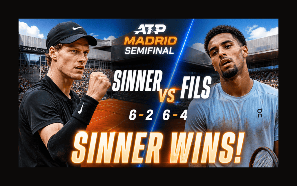 Un graphique de diffusion sportive haut de gamme pour une demi-finale de tennis de l'ATP Madrid. La mise en page en écran divisé présente Jannik Sinner célébrant une victoire avec le poing serré sur la gauche, tandis qu'Arthur Fils a l'air épuisé sur la droite. Au centre, une ligne bleu électrique brillante les sépare. L'arrière-plan montre le stade moderne Caja Magica sous un ciel ensoleillé. Une superposition de texte audacieux et brillant indique : "ATP MADRID SEMIFINAL", "SINNER VS FILS" et "SINNER WINS! 6-2, 6-4".