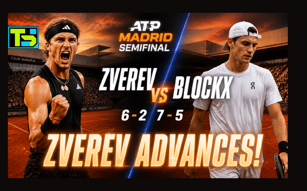 A cinematic sports broadcast graphic for the ATP Madrid semifinal. Alexander Zverev is shown celebrating on the left, and Alexander Blockx is on the right. The score 6-2, 7-5 and the text "ZVEREV ADVANCES!" are displayed in glowing typography over a red clay court and the Caja Magica stadium.