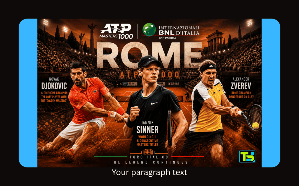 Novak Djokovic, Jannik Sinner et Alexander Zverev jouant sur un court en terre battue au Masters ATP de Rome