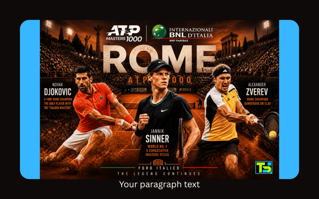 Novak Đoković, Janik Siner i Aleksandar Zverev na teniskom terenu od šljake na ATP Mastersu u Rimu.