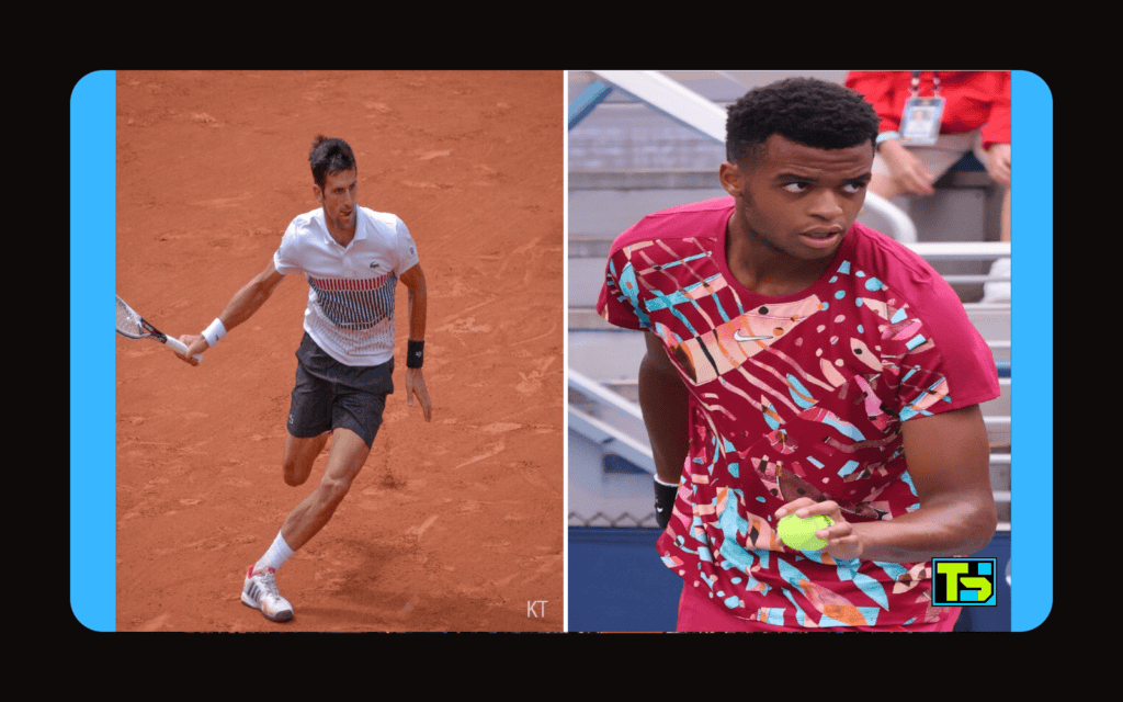 Novak Djokovic hitting the ball on clay and Giovanni Mpetshi Perricard preparing to serve at Roland Garros.