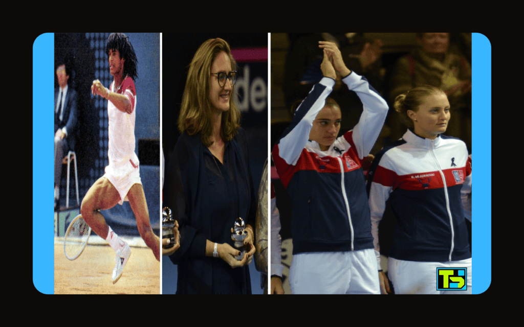 Collage photo montrant Yannick Noah en action sur terre battue, Mary Pierce lors d'une cérémonie, et l'équipe de double Caroline Garcia et Kristina Mladenovic.