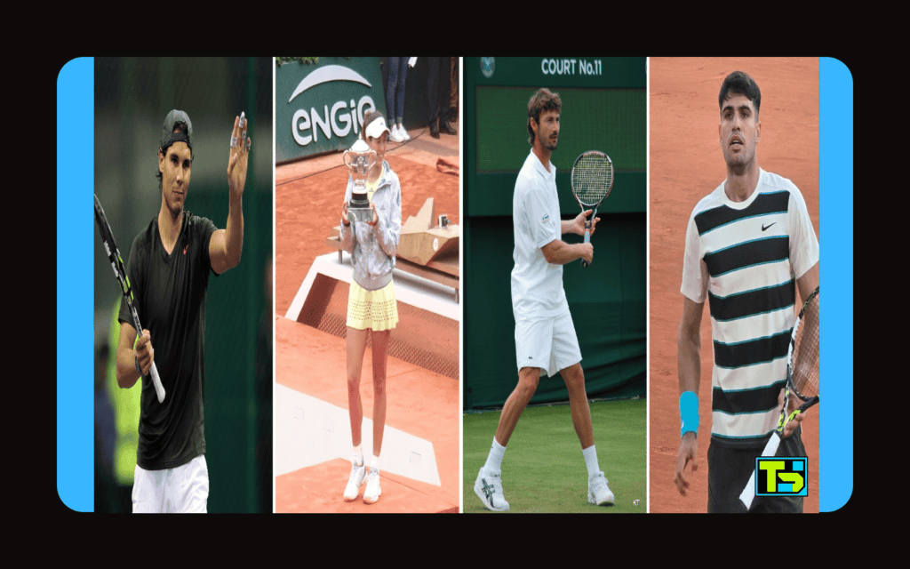 Collage de leyendas del tenis español: Rafael Nadal, Garbiñe Muguruza con su trofeo, Juan Carlos Ferrero en acción y el joven Carlos Alcaraz.