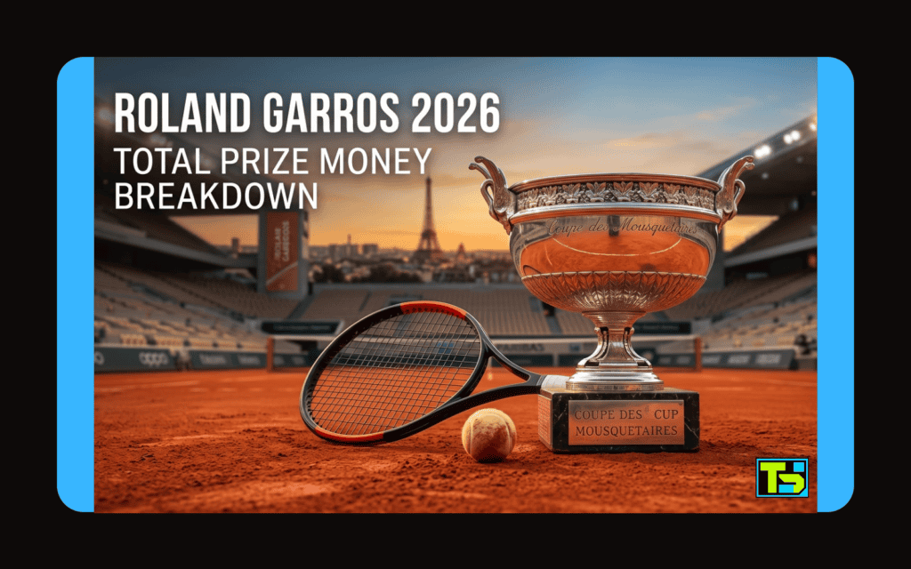 Le trophée de Roland-Garros sur terre battue rouge de face illuminé par des lumières dorées