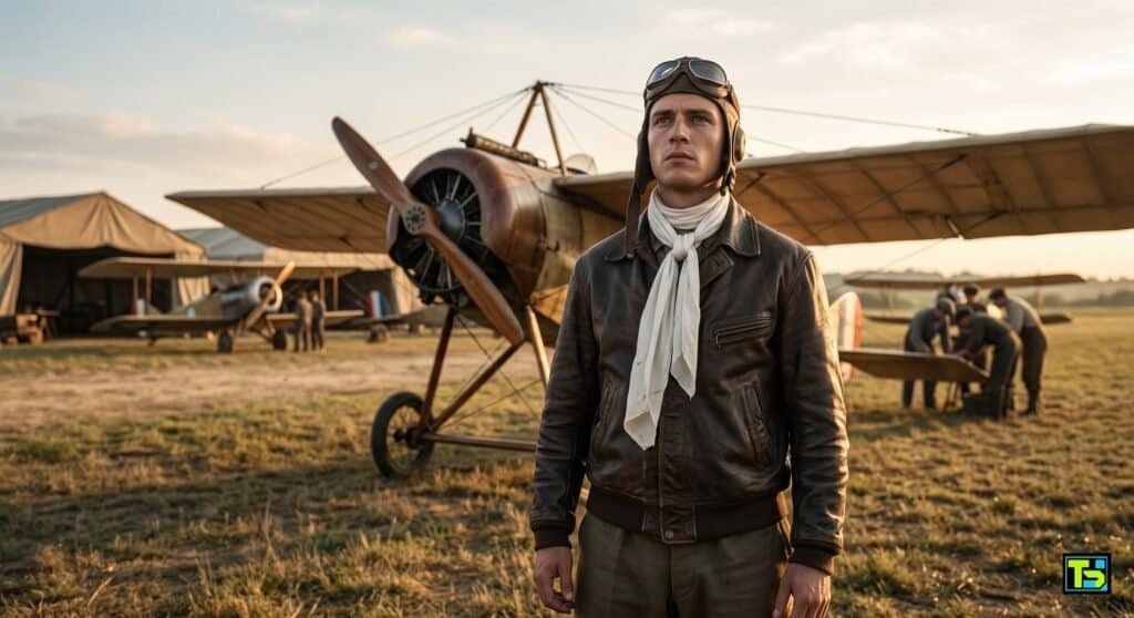 Historical portrait of Roland Garros in leather pilot gear standing next to his monoplane aircraft