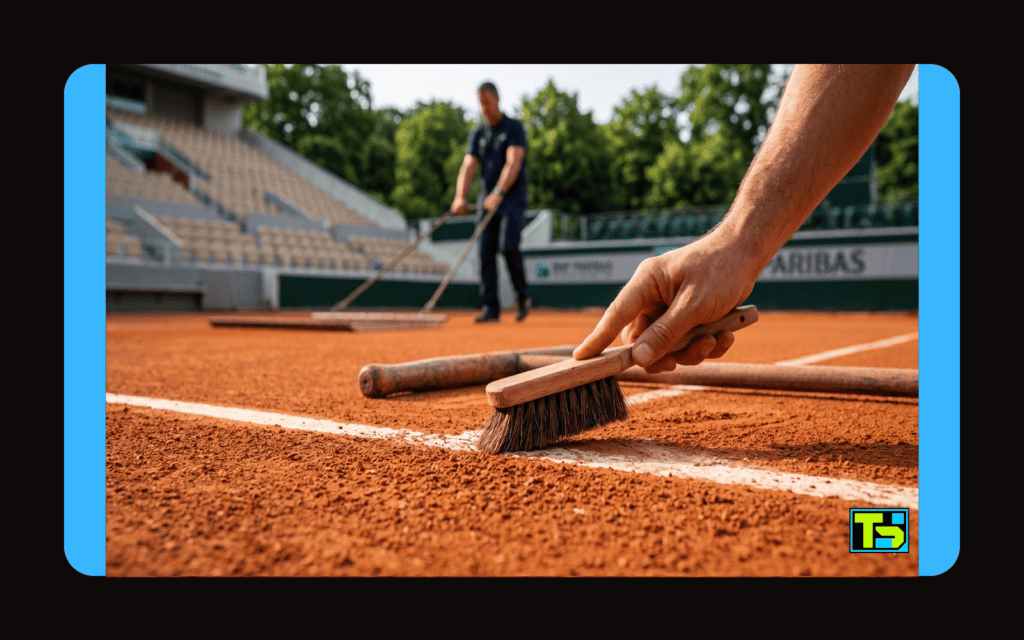 Close-up of a groundskeeper cleaning a court line with a brush, revealing the texture and composition of the red clay surface at Roland Garros.