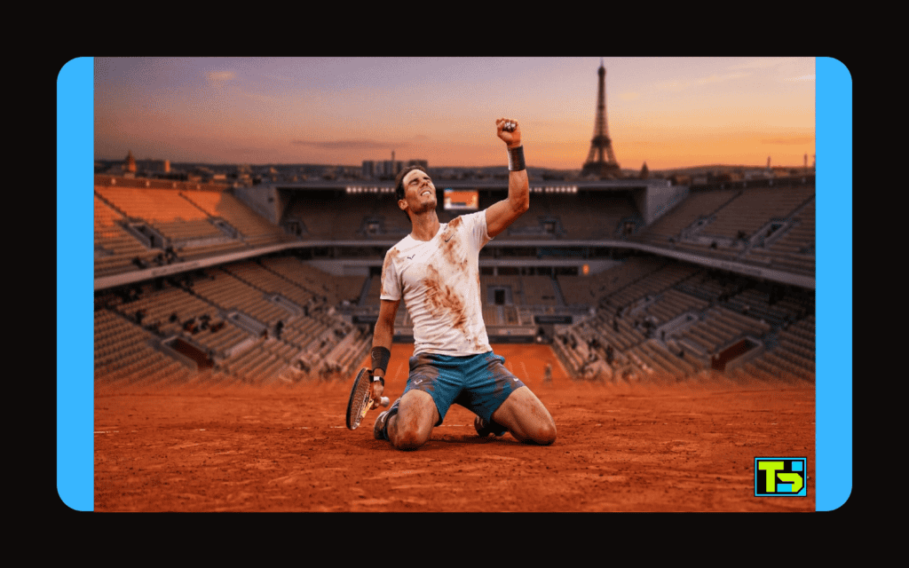 Rafael Nadal covered in clay dust celebrating on his knees on the Roland Garros court during sunset, symbolizing records and dominance.