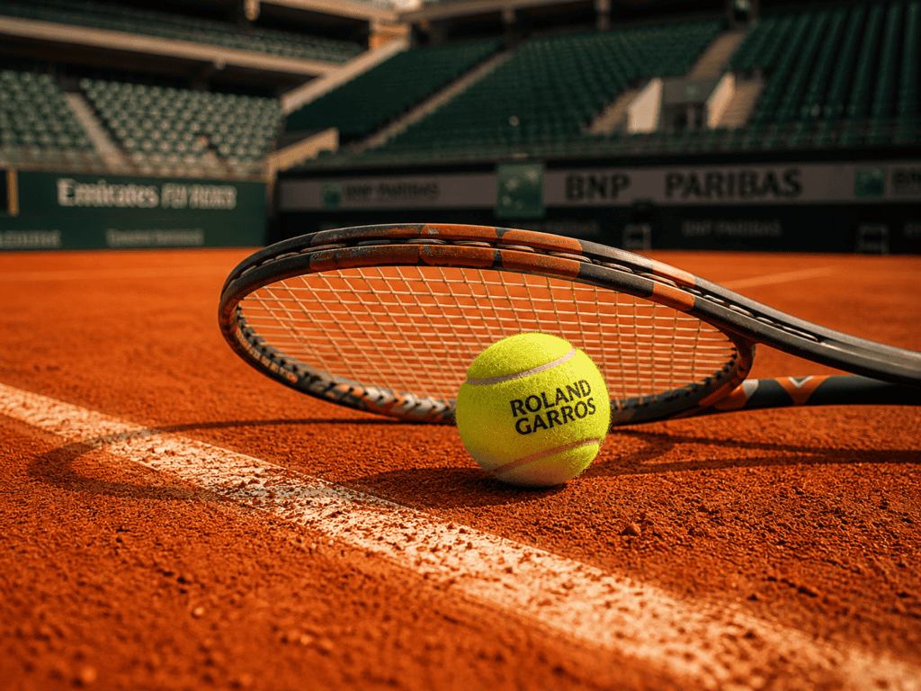 Balle de tennis officielle Roland-Garros et raquette sur le court en terre battue.