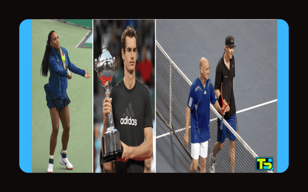 Collage of tennis legends: Serena Williams in action, Andy Murray holding a trophy, and Andre Agassi walking with Jim Courier on the court.