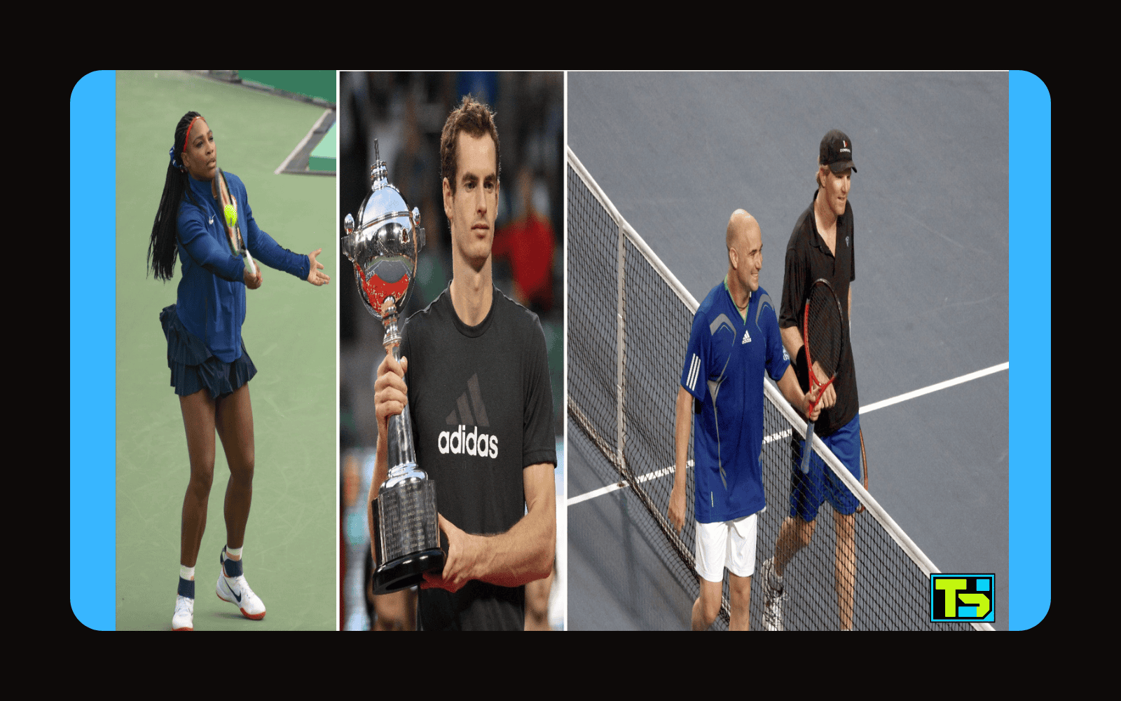 Collage of tennis legends: Serena Williams in action, Andy Murray holding a trophy, and Andre Agassi walking with Jim Courier on the court.