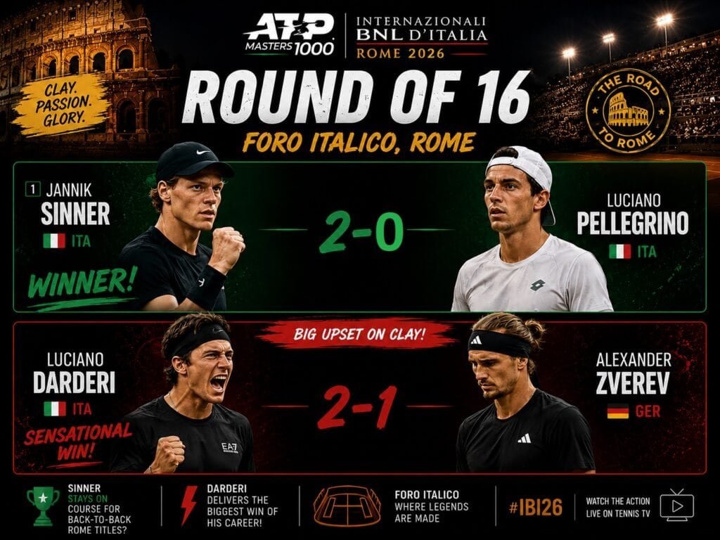Gráfico del ATP Masters 1000 Roma 2026 mostrando la victoria de Jannik Sinner sobre Luciano Pellegrino y la sorpresa de Luciano Darderi eliminando a Alexander Zverev en octavos de final.