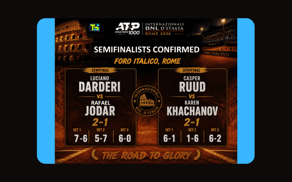 Graphique des demi-finales du Masters 1000 de Rome 2026 montrant Luciano Darderi battant Rafael Jodar et Casper Ruud dominant Karen Khachanov sur la terre battue du Foro Italico.