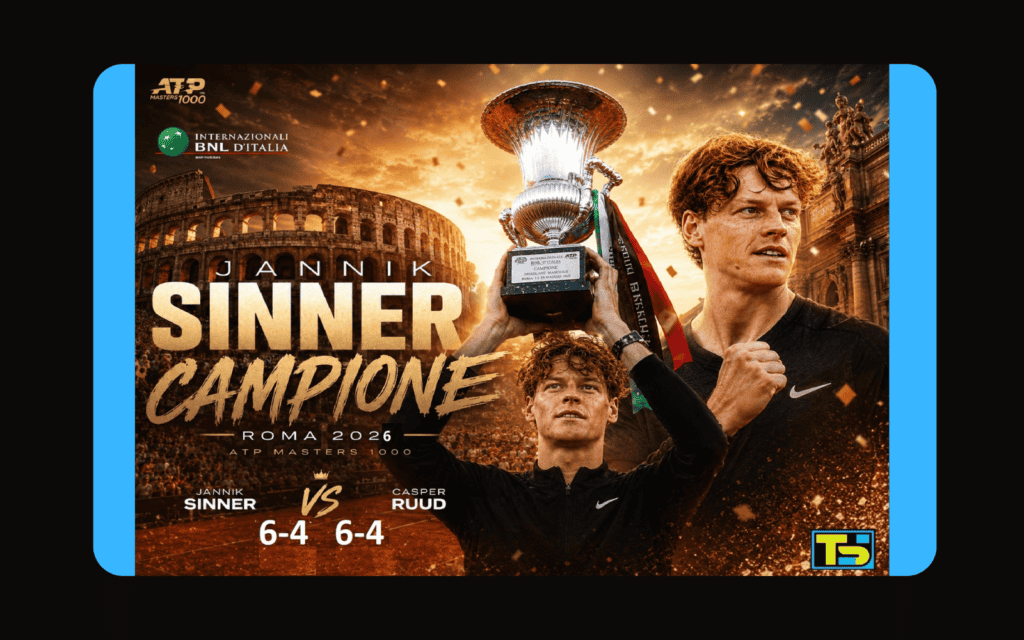 Jannik Sinner lifting the Rome ATP Masters 1000 trophy after defeating Casper Ruud in the final.