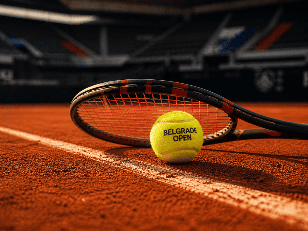 Teniska loptica sa natpisom Belgrade Open i reket na terenu od šljake.