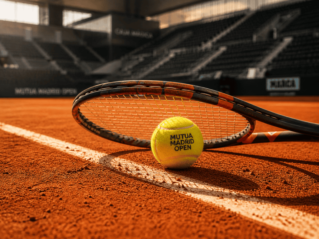 Pelota de tenis y raqueta sobre la tierra batida de la Caja Mágica en Madrid.