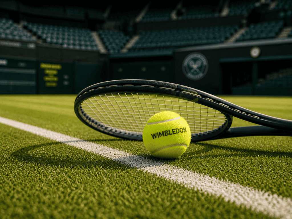 Official Wimbledon tennis ball and racket on a pristine grass court.