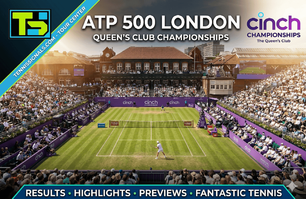 Featured slika za TennisSignals koja prikazuje ATP 500 London Queen's Club Championships na travnatom terenu sa publikom. Na vrhu je logo 'cinch Championships'. Donji meni navodi na engleskom: RESULTS • HIGHLIGHTS • PREVIEWS • FANTASTIC TENNIS.