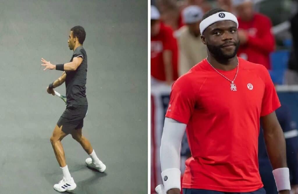 Collage photo des joueurs de tennis Félix Auger-Aliassime en tenue noire et Frances Tiafoe en t-shirt rouge sur le court de tennis du tournoi de Halle.