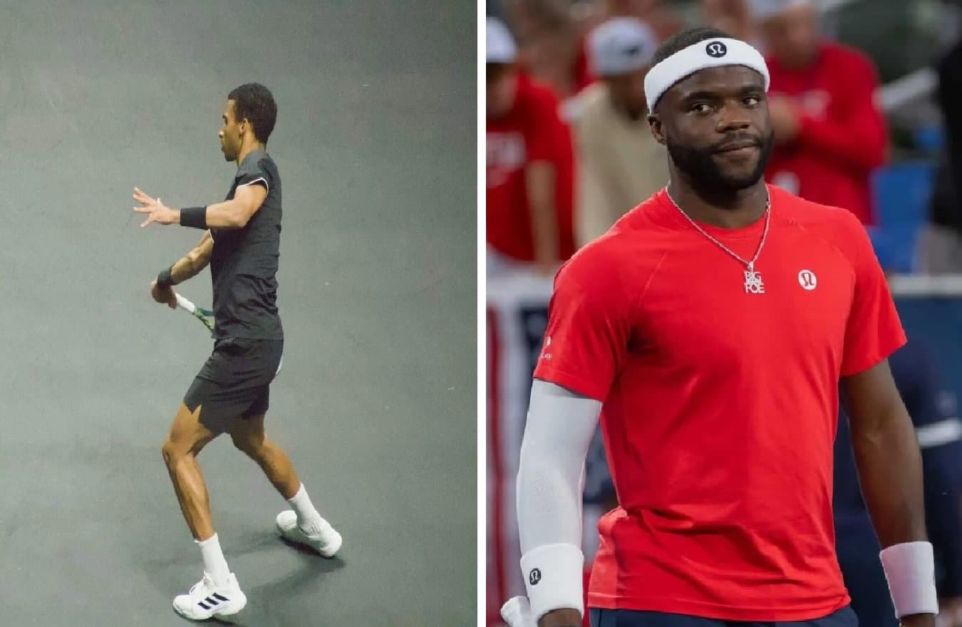 Collage photo des joueurs de tennis Félix Auger-Aliassime en tenue noire et Frances Tiafoe en t-shirt rouge sur le court de tennis du tournoi de Halle.