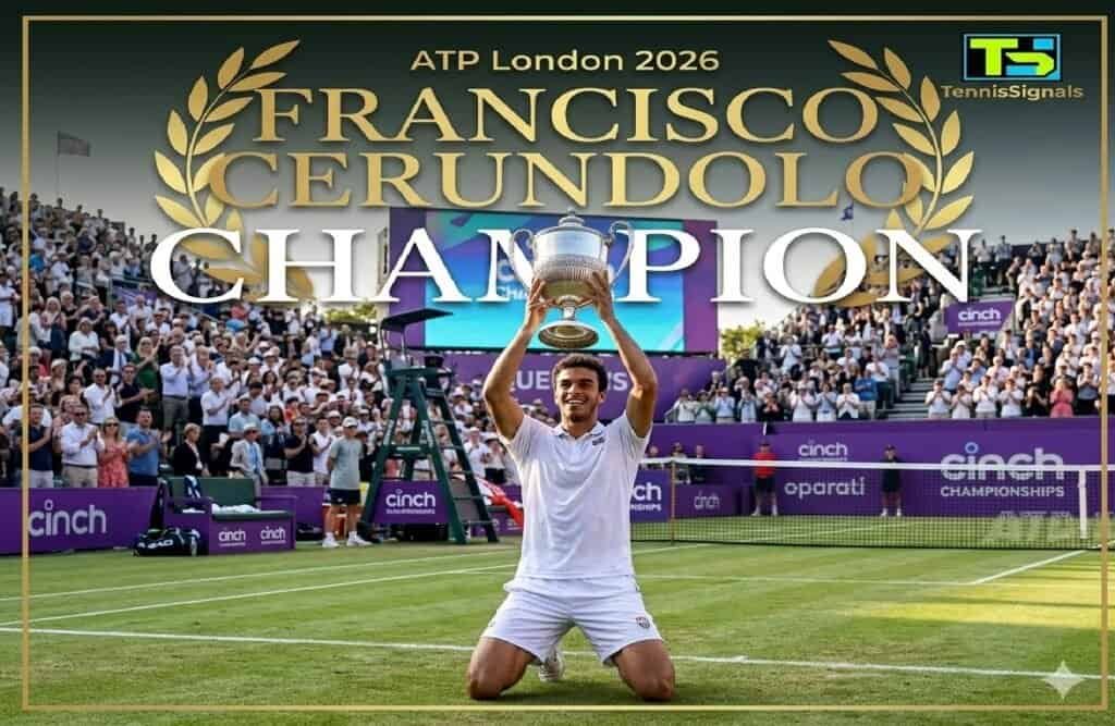 Custom graphic of tennis player Francisco Cerundolo holding the trophy after winning the ATP London 2026 tournament.