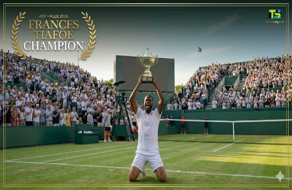 Custom graphic of tennis player Frances Tiafoe kneeling and lifting the trophy after winning the ATP Halle 2026 tournament.