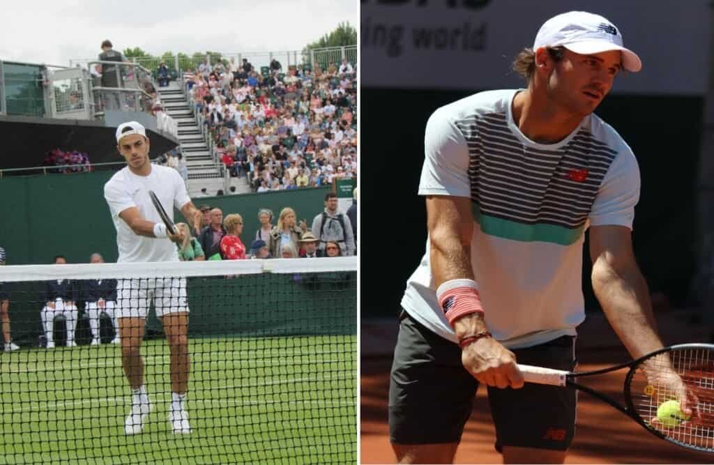 Kolaž fotografija tenisera Fransiska Serundola u beloj opremi na travnatom terenu i Tomija Pola u prugastoj majici na šljaci uoči finala ATP turnira u Londonu.